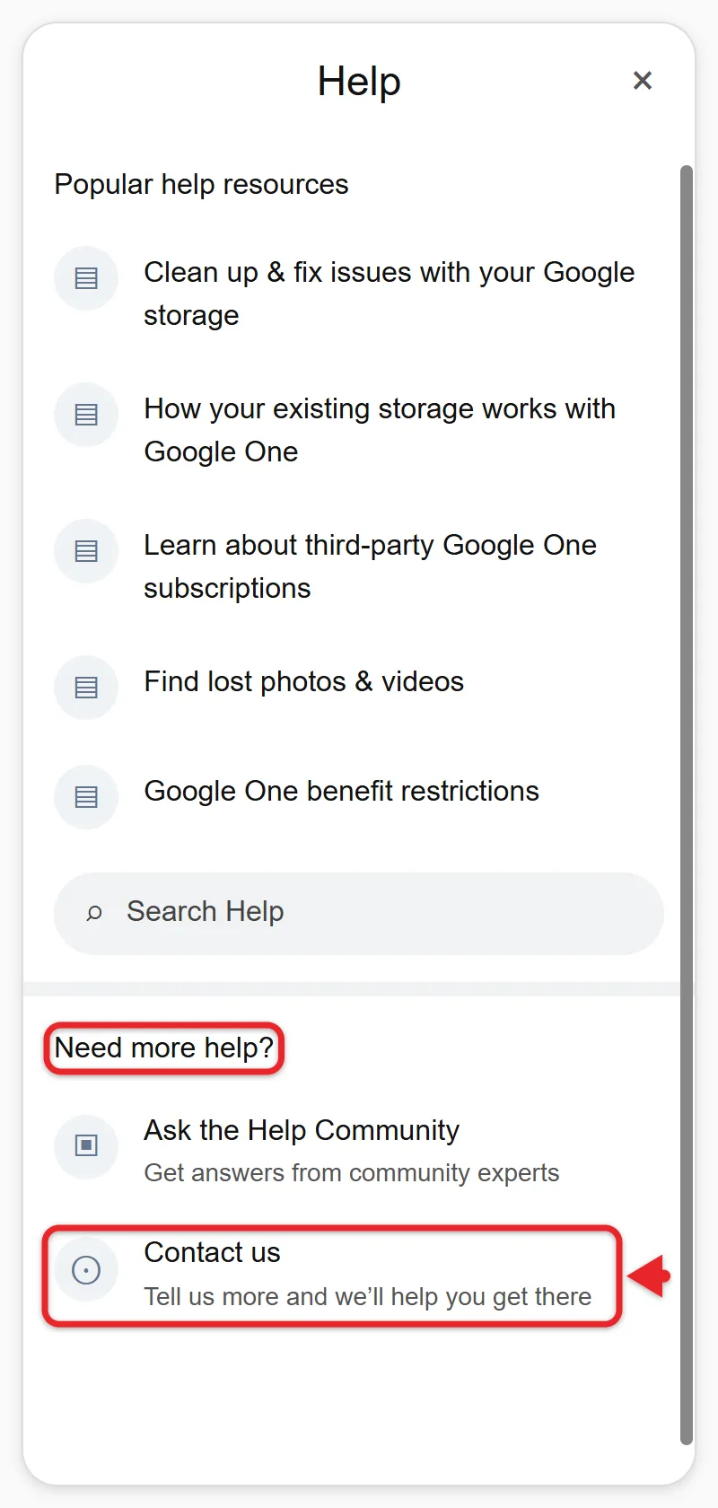 Google One 帮助页面,在“需要更多帮助”下有“联系我们”入口