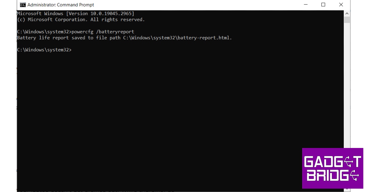 Step 3: Type the following command and hit Enter.
powercfg /batteryreport